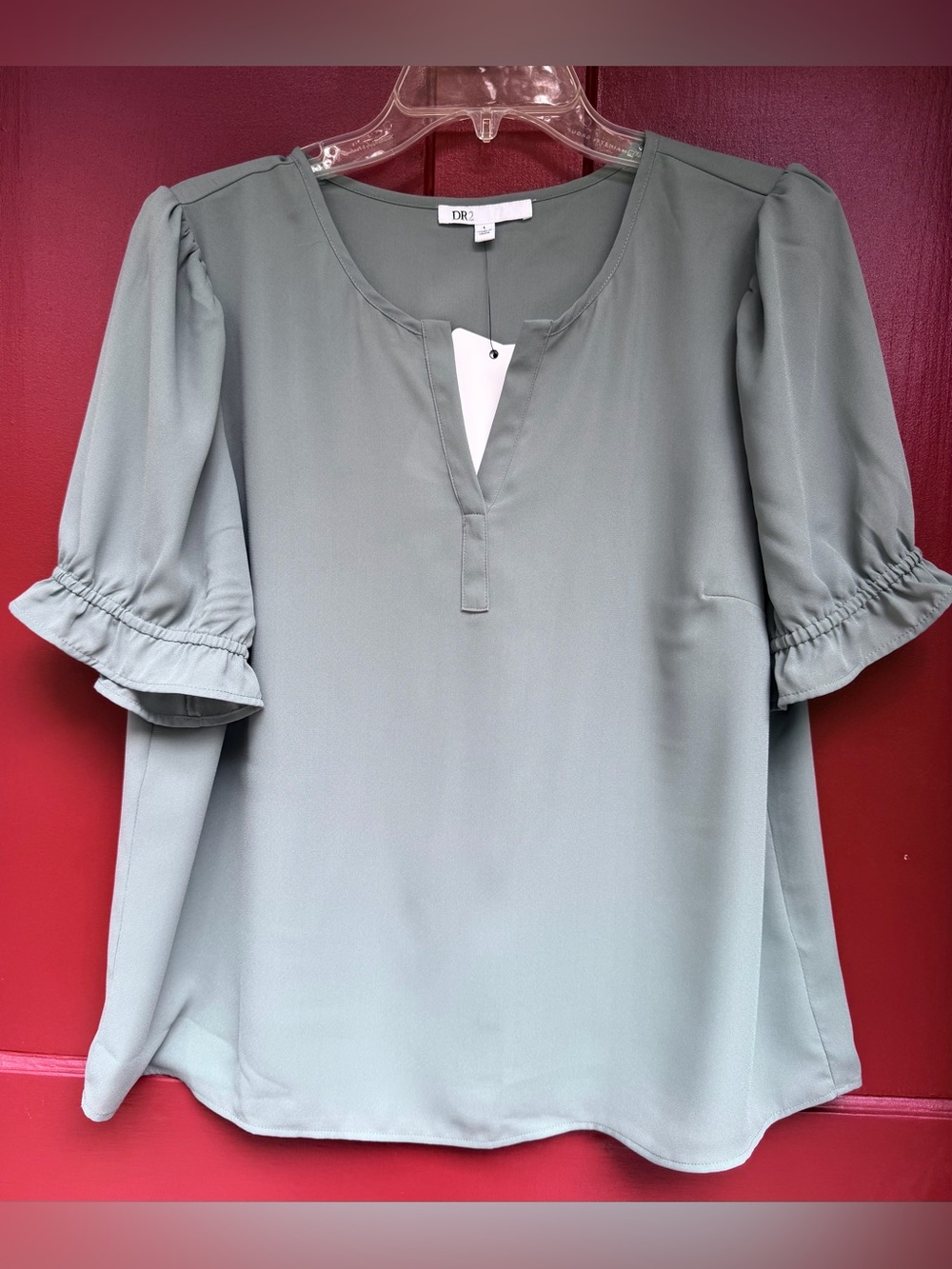 DR2 Sage Green Puff Sleeve Split-Neck Top